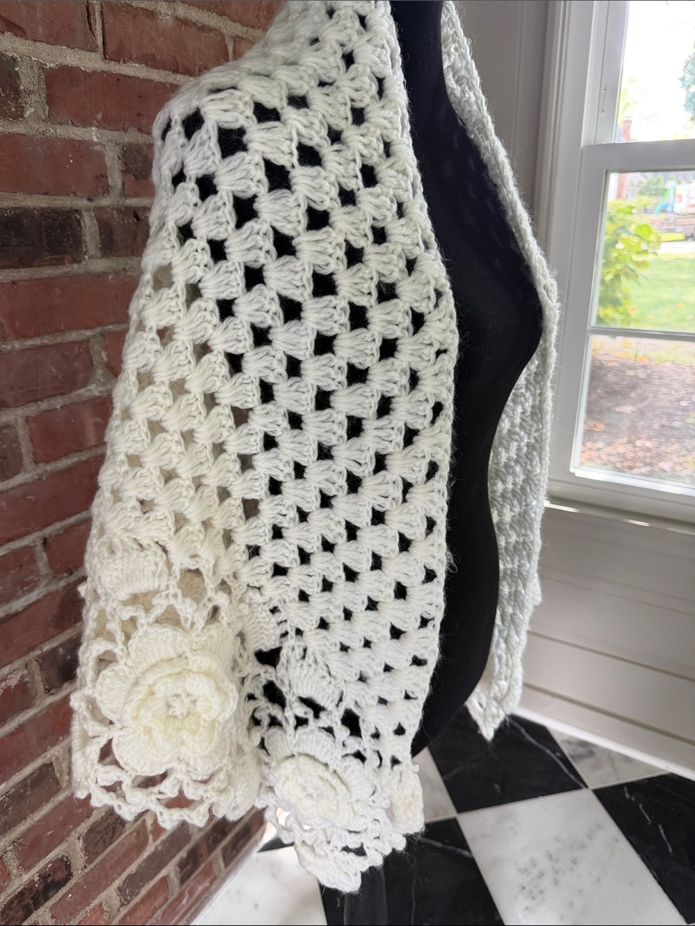Handmade Crochet Floral Shawl Wrap Ivory 3D Flowers Boho Cottagecore